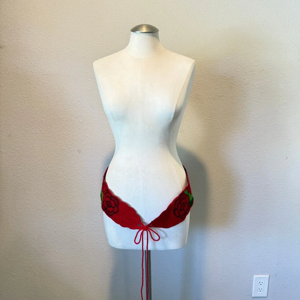 Red Floral Embroidered Sash Belt Wide Scalloped Rose Waist Tie Boho Folk